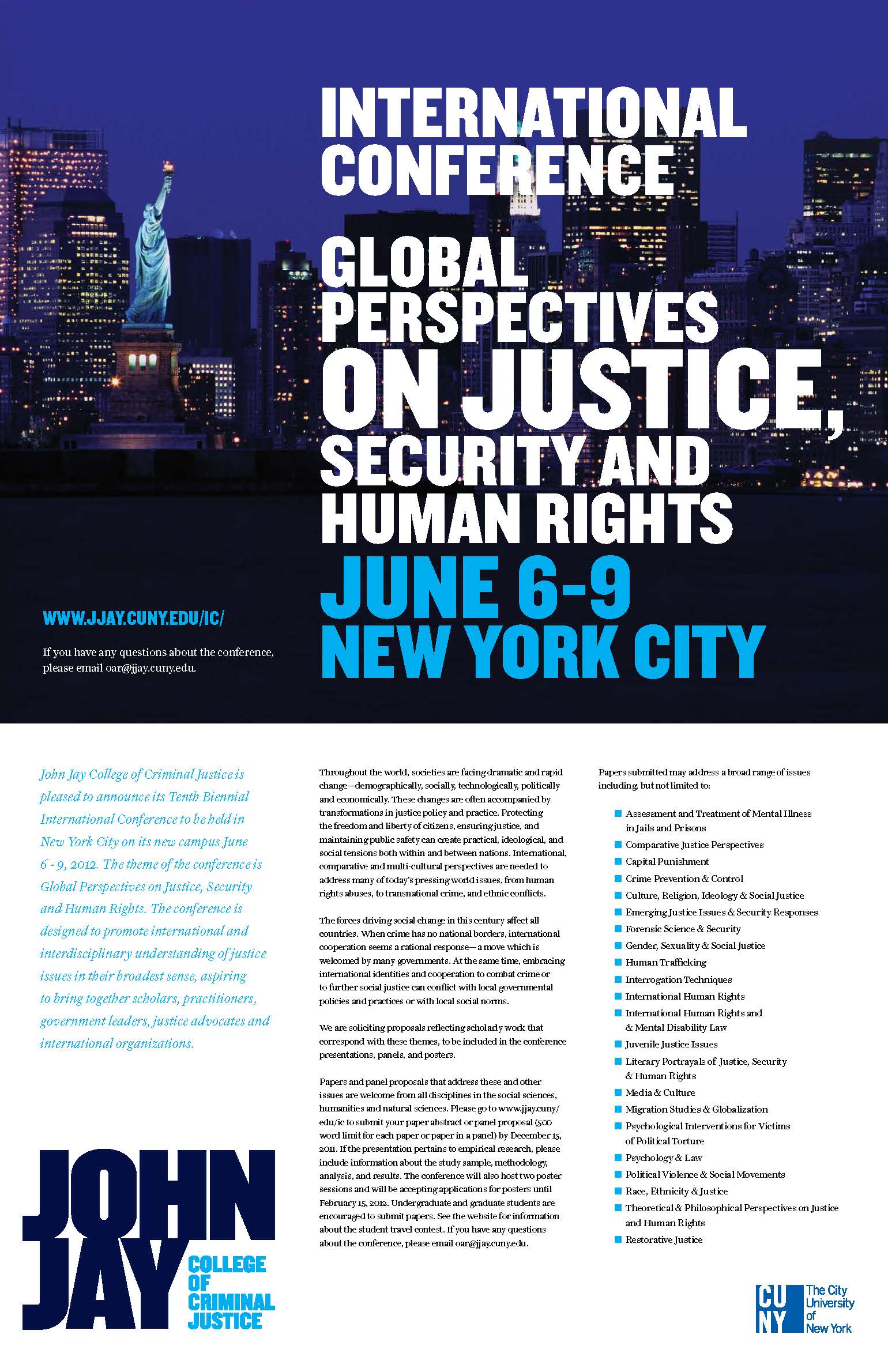 International conference promotional poster with John Jay College branding and event details