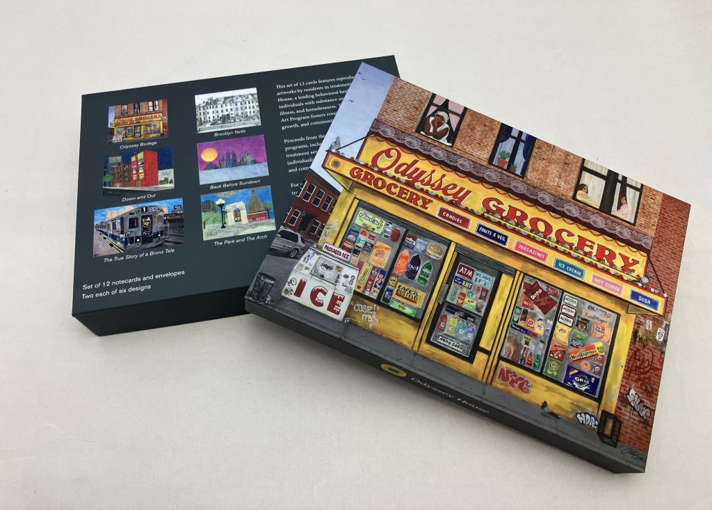 Custom note card boxed set featuring Odyssey House client artwork in elegant packaging