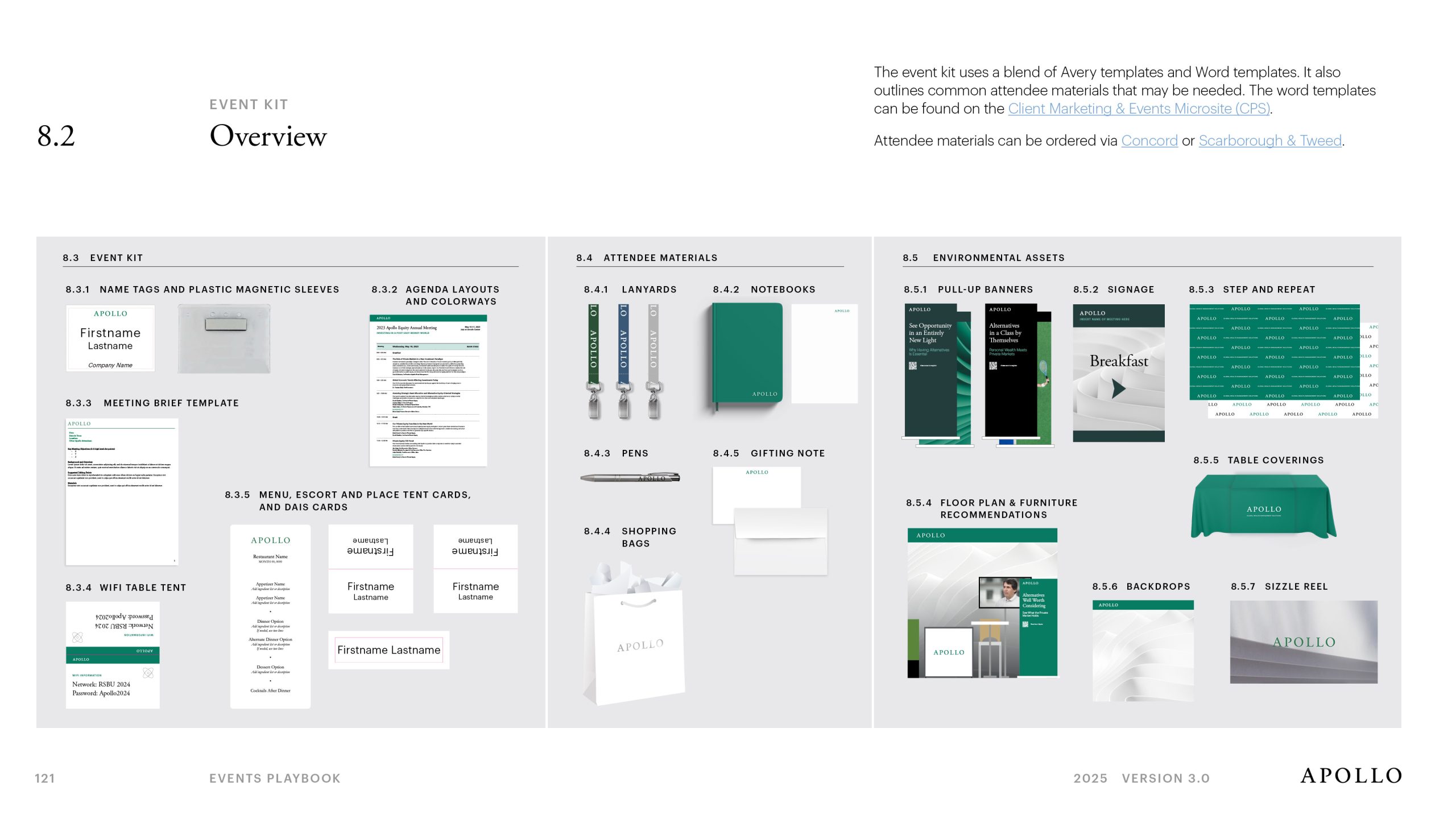 Comprehensive event guidelines page showing brand implementation across various touchpoints