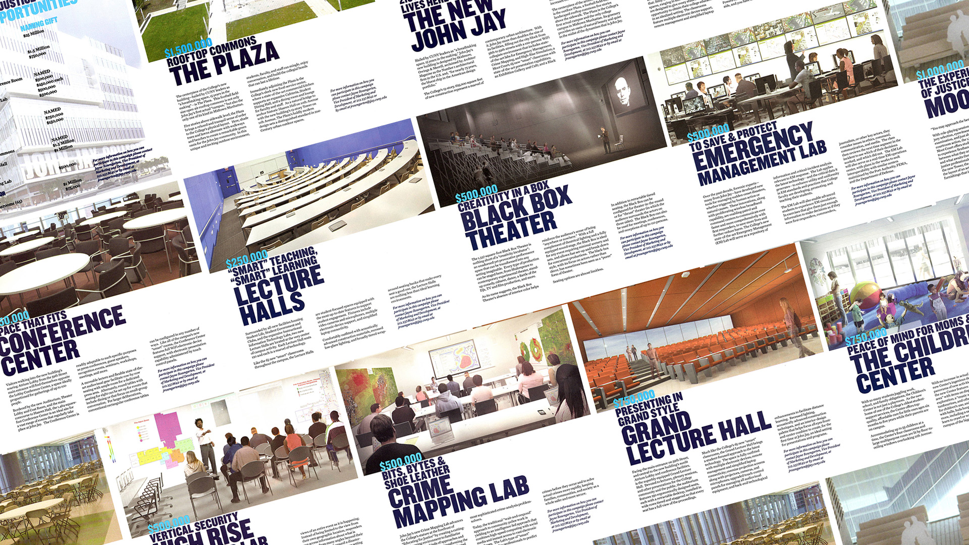 Detail view of multiple donor brochure inserts showcasing various naming opportunities and information cards