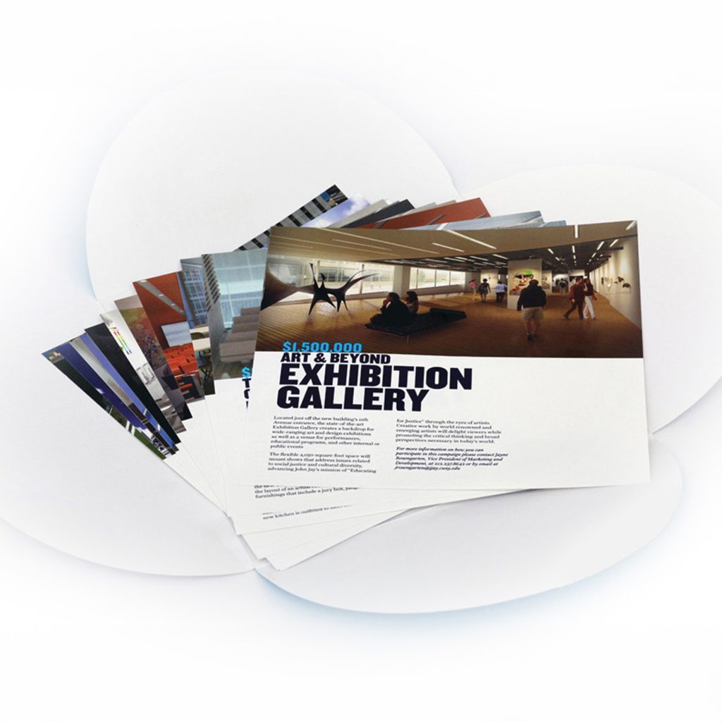 Open donor folder revealing organized collection of 14 naming opportunity fact cards