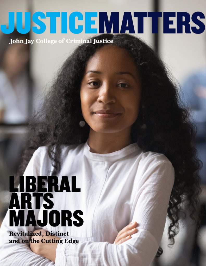Justice Matters quarterly magazine cover featuring confident female John Jay student with professional photography