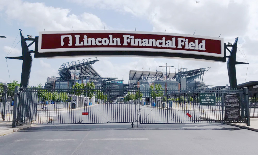 Lincoln Financial Field entrance gate signage displaying refreshed logo design with improved legibility for stadium wayfinding