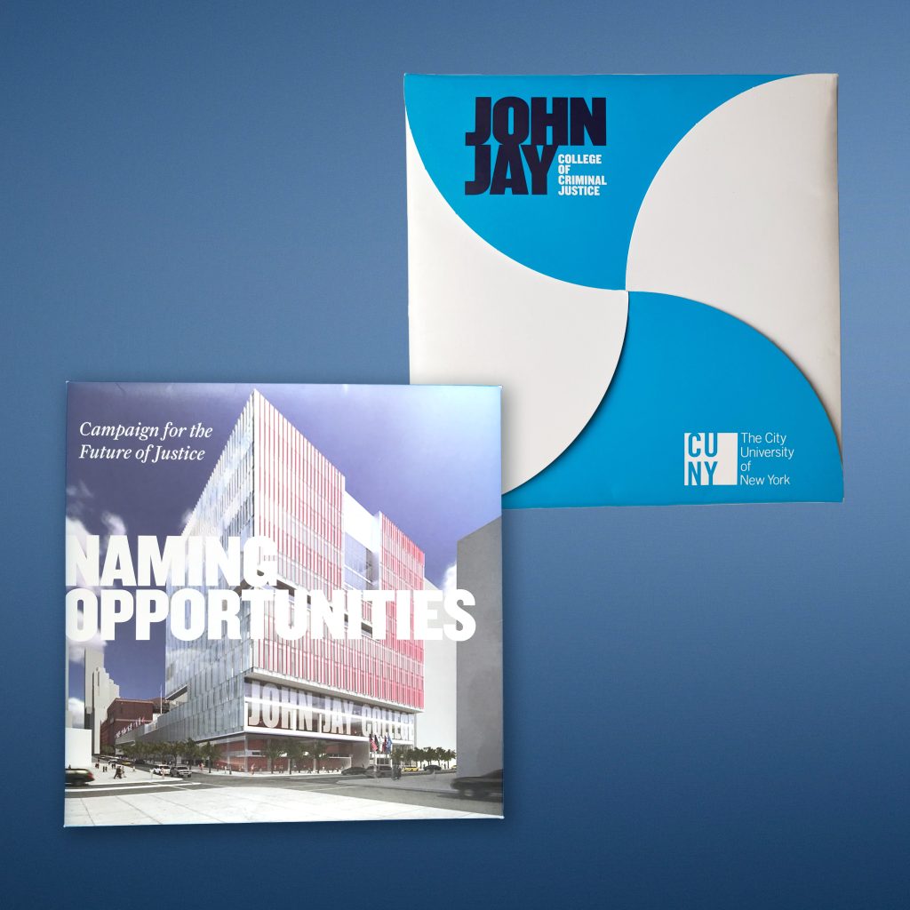 Square donor brochure packaging with John Jay College branding and sophisticated design