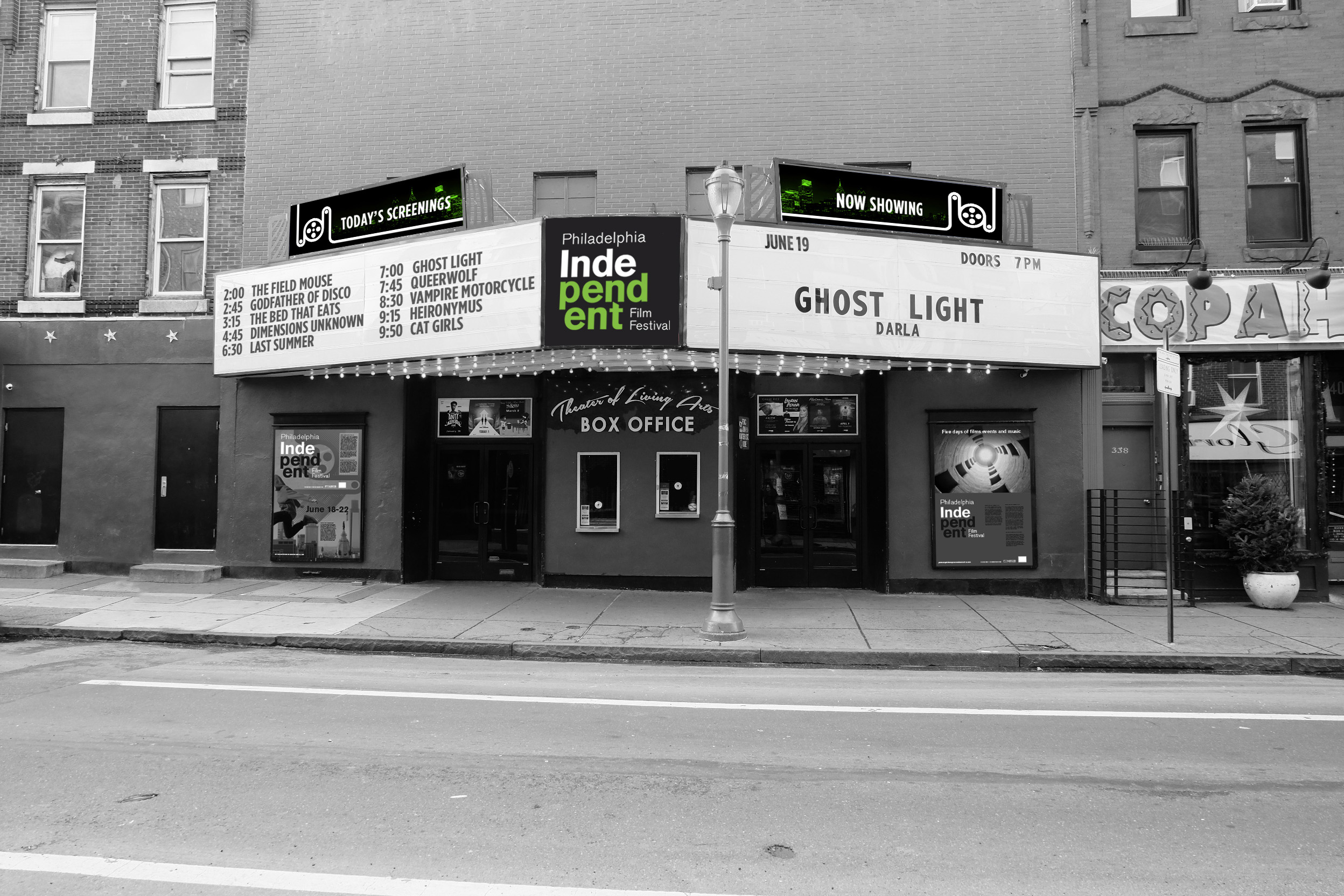 Black and white photo of historic theater facade with PIFF branding and signage
