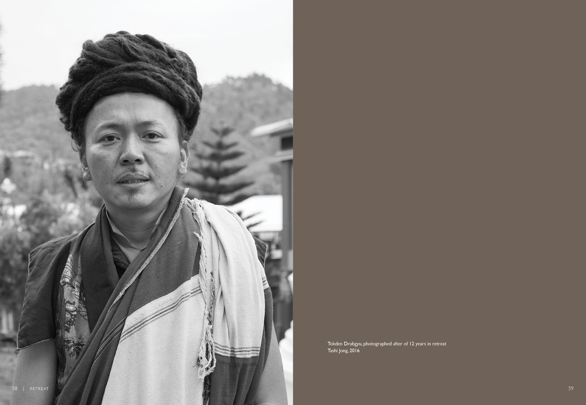 Book pages showing contemplative yogi portrait with sophisticated layout design