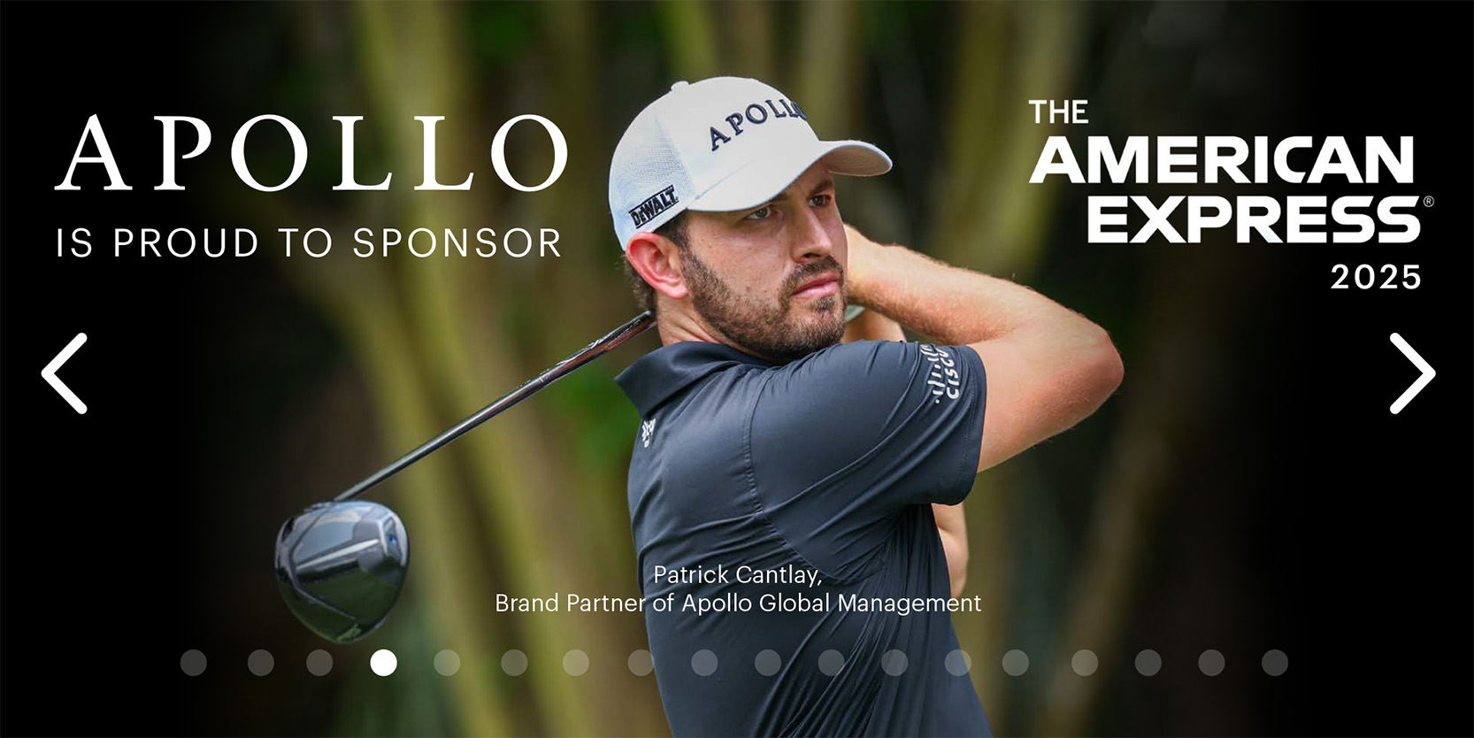 Apollo American Express advertisement featuring Patrick Cantlay sponsorship in mobile format
