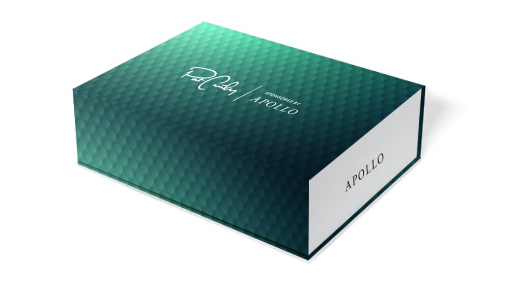 Closed branded merchandise box featuring Apollo and Patrick Cantlay co-branding and premium presentation