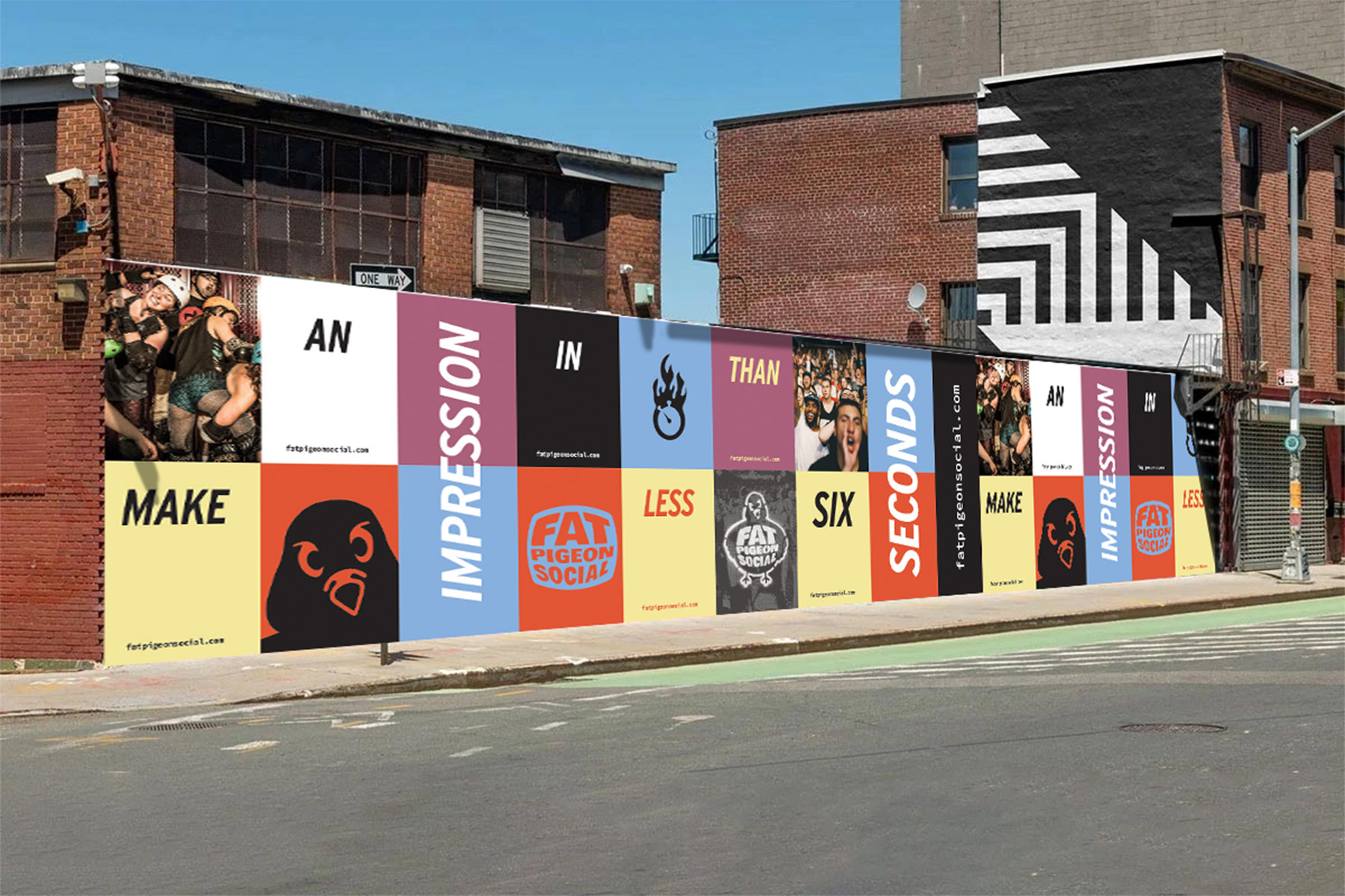 Fat Pigeon Social wheatpaste poster applied to urban wall, showcasing guerrilla marketing approach and street art influence