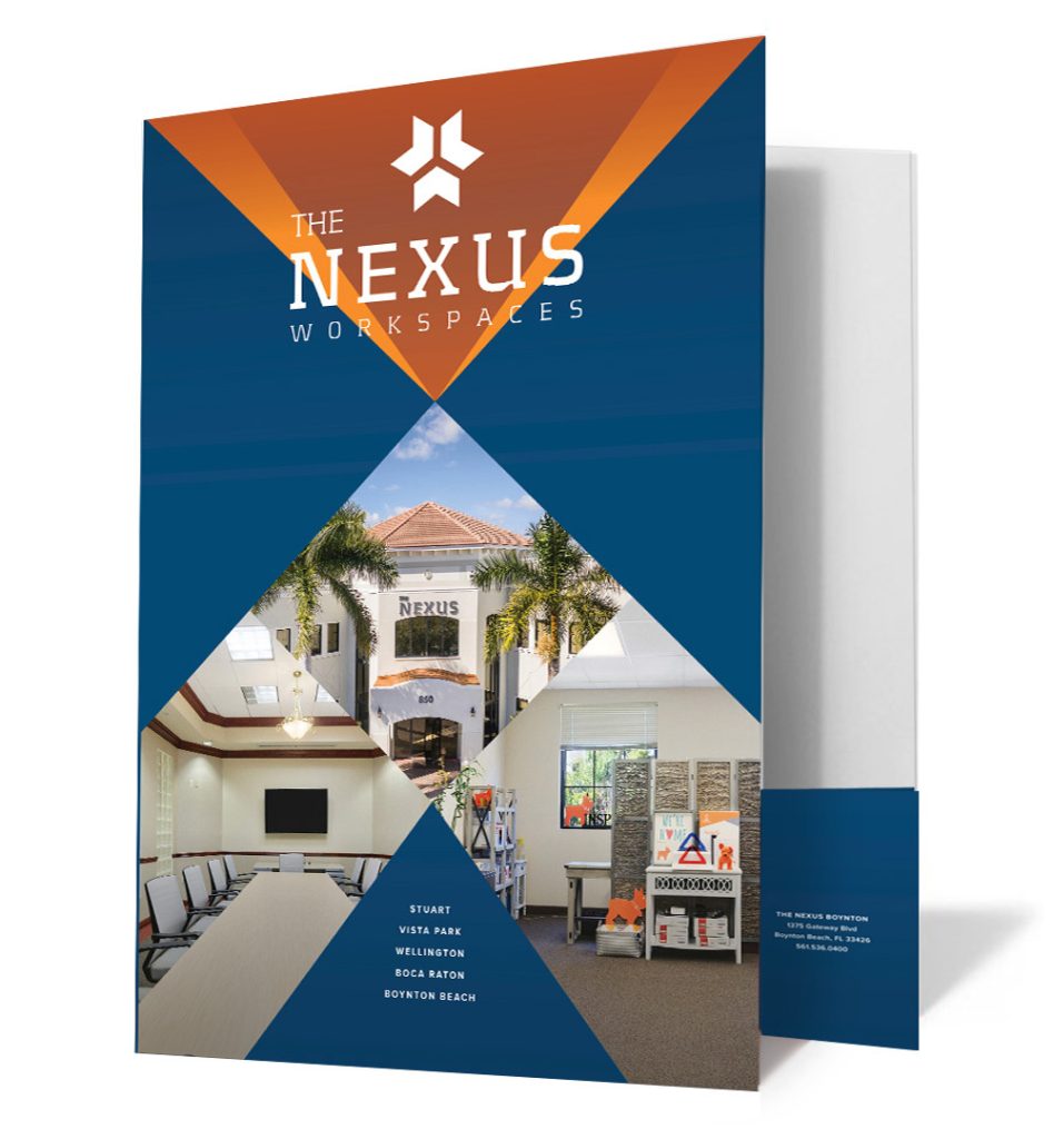 Left panel of Nexus Workspaces presentation folder featuring brand identity and workspace information