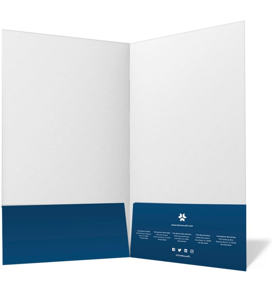 Right panel of Nexus Workspaces presentation folder showing coworking community details and location benefits