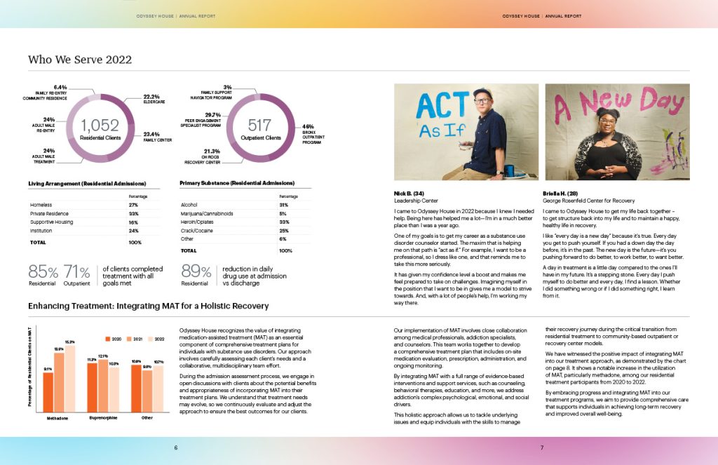 Annual report interior spread featuring client success stories and program highlights