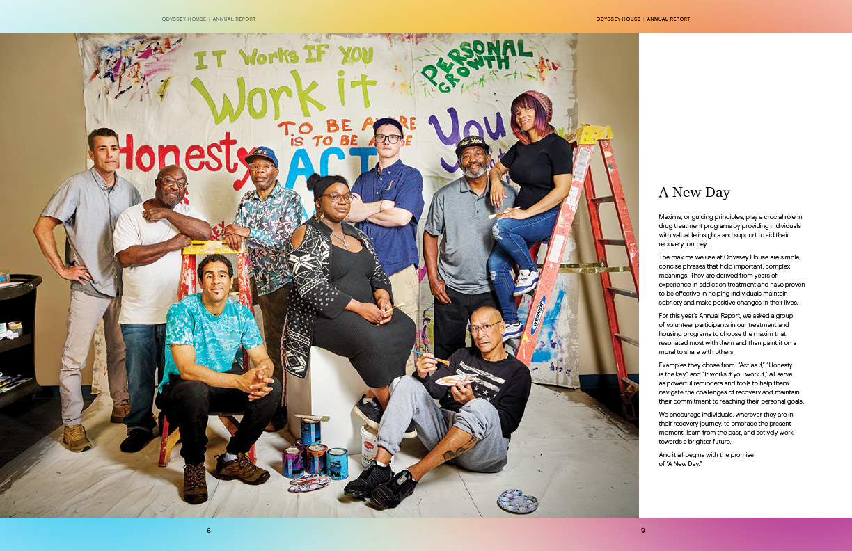 Interior report spread showing program information with clean layout and compelling photography