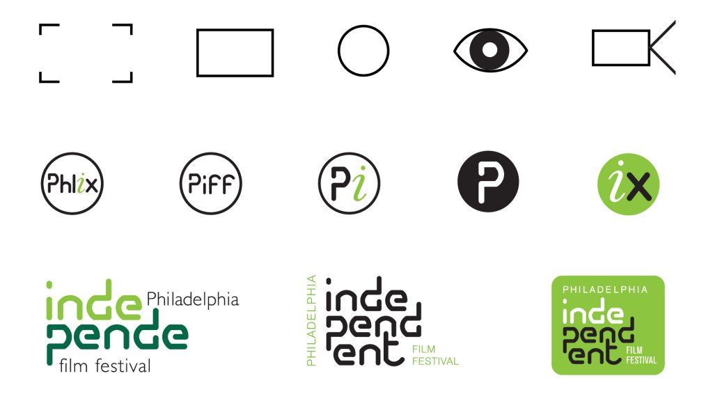Early logo exploration sketches showing geometric shapes and cinema-inspired forms