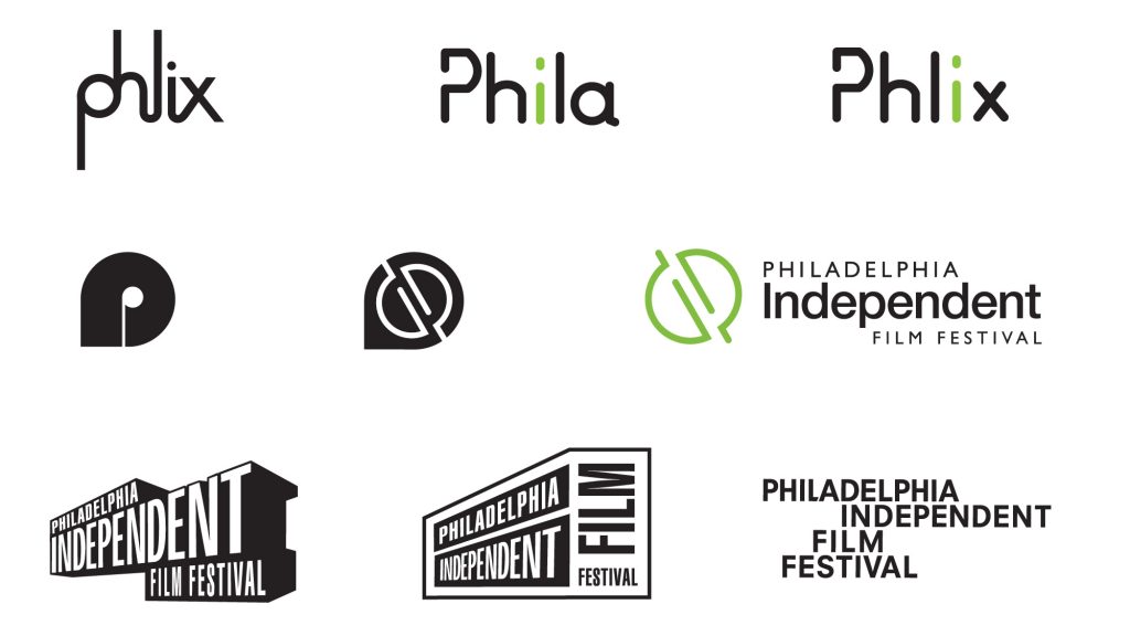 Logo development process displaying various typographic treatments and mark explorations