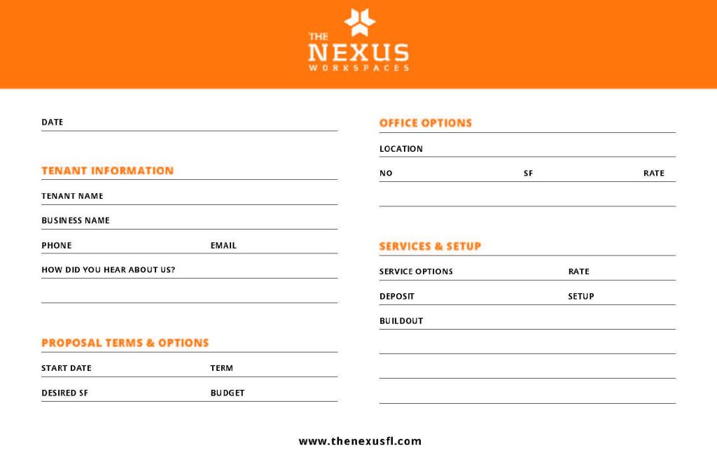 Nexus Workspaces proposal card showing professional presentation materials for coworking space marketing