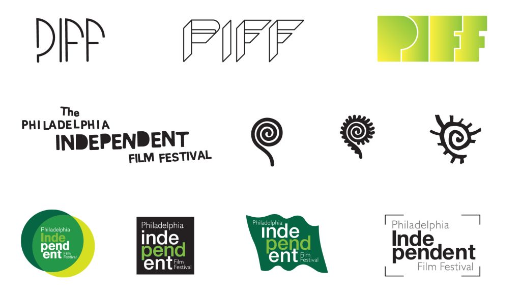 Brand identity development showing progression from concept sketches to refined designs
