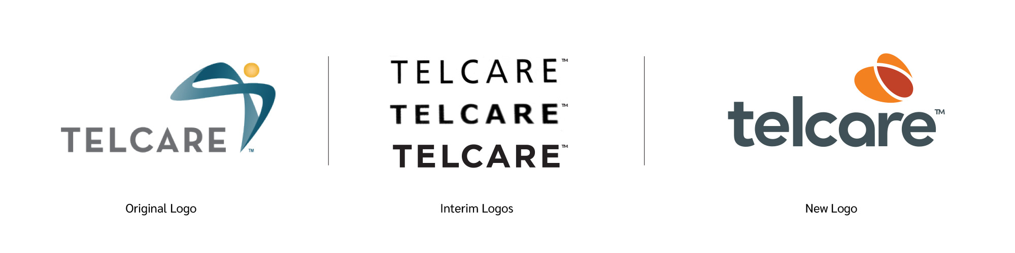 Before and after comparison showing TelCare's original logo alongside proposed new brand identity design