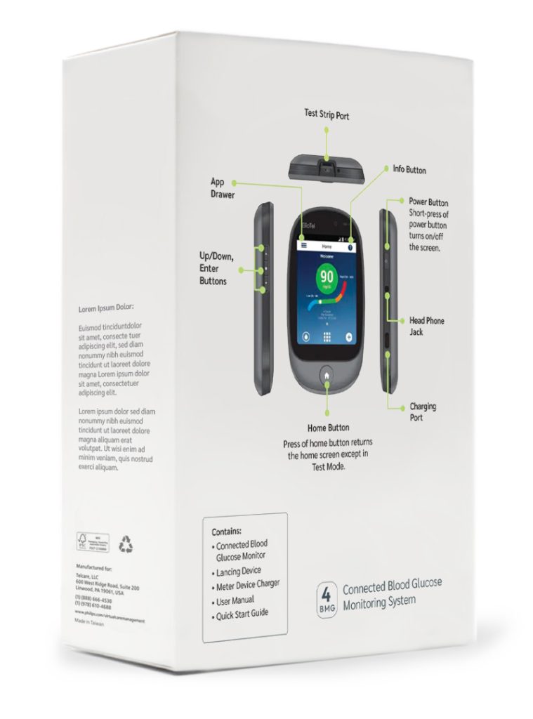 TelCare product box design showcasing modern healthcare branding and professional packaging standards"