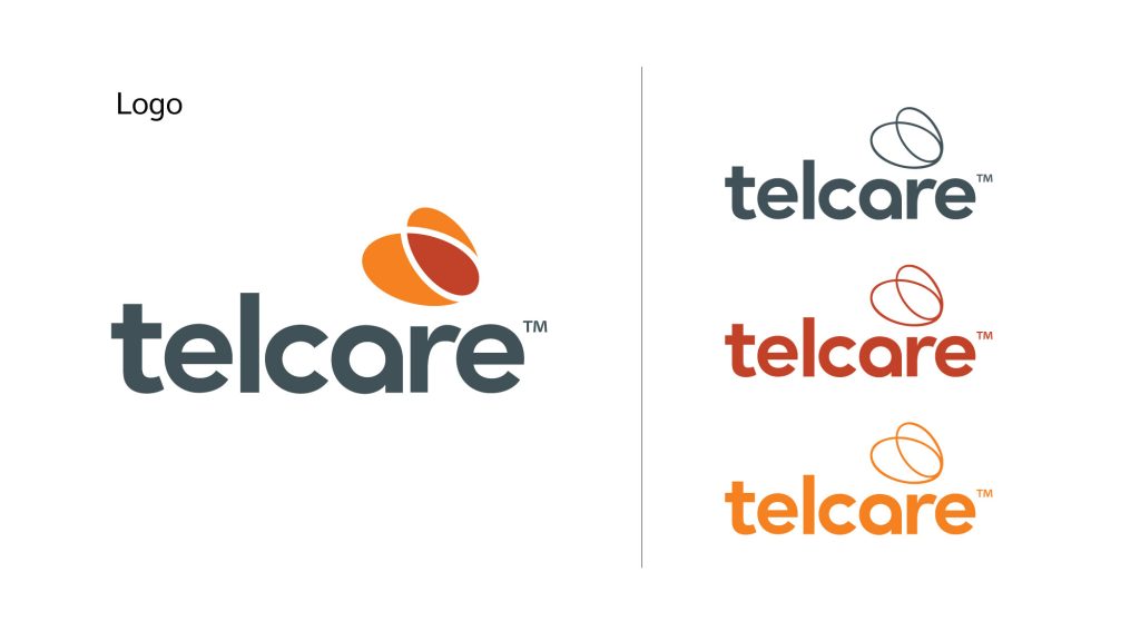 TelCare brand identity exploration showing logo concepts, typography, and color palette for healthcare technology company